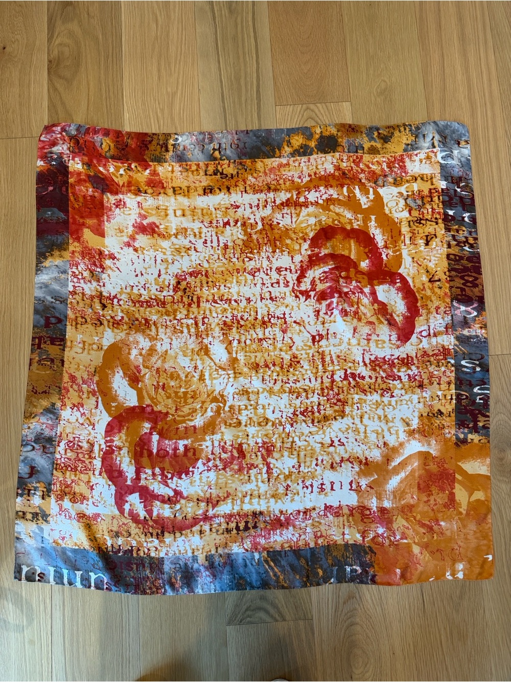 Made in Italy Floral Script Print Silk Scarf in Orange, Red, Blue